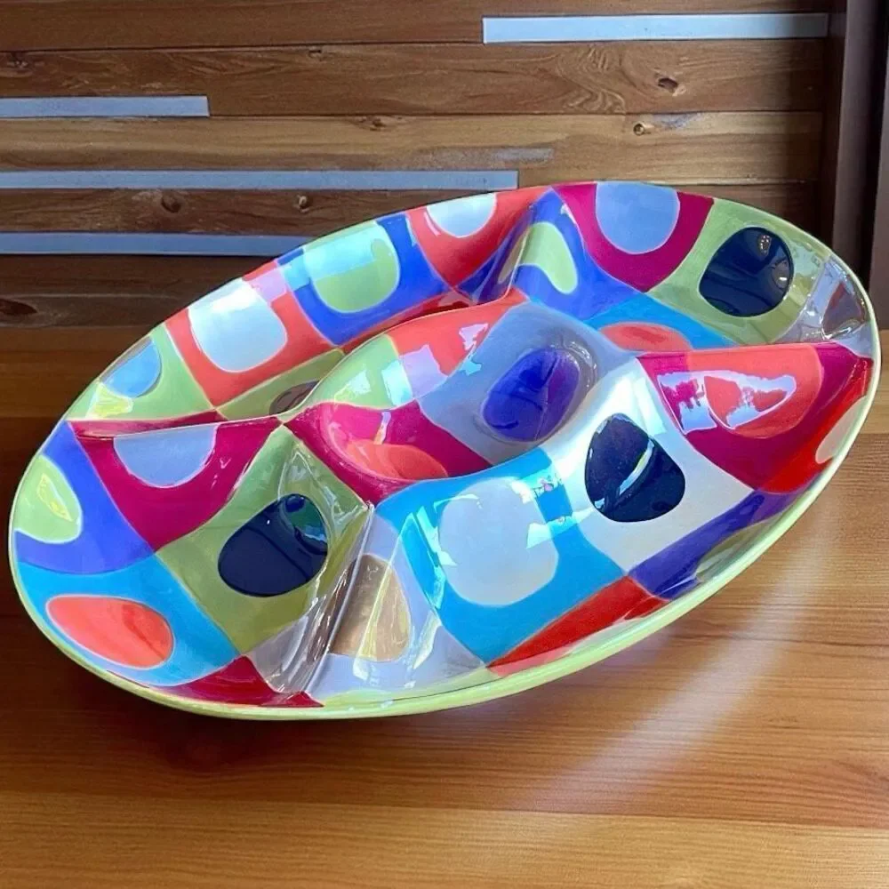 NWT Colorful Pier1 Urban Dot 5 Divided Oval Relish Chip Dip Serving Tray Platter